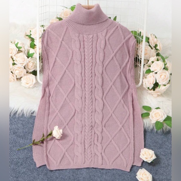 Cozy Pink Turtleneck chunky Cable Knit Poncho Sweater Top - Picture 3 of 6